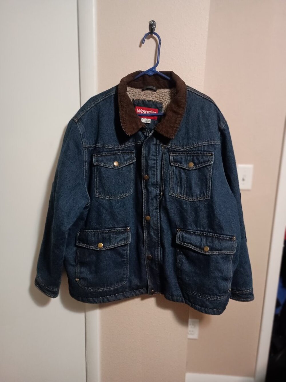 Wrangler Mens Sherpa Lined Blue Denim Jacket Corduroy Collar Size 3XL Zip Up